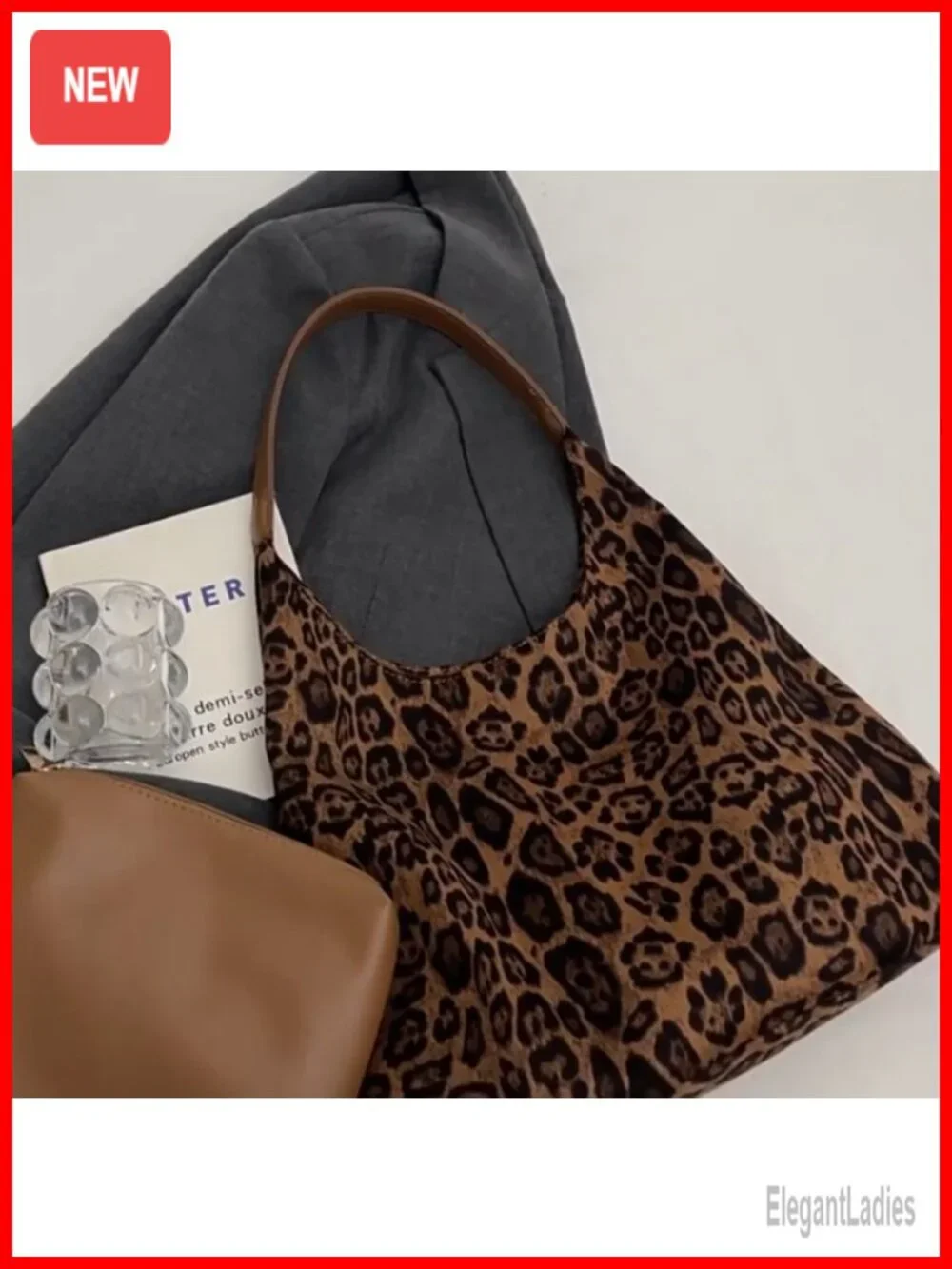 Faux Suede Leopard Hobo Tote Bag Shoulder Handbag